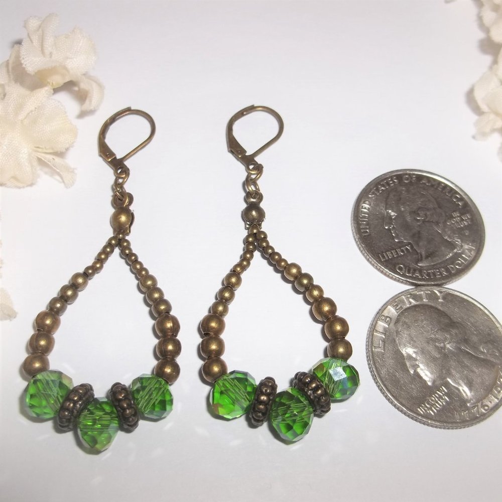 Faux Emerald Green and Bronze Hoop Earrings Boho Style Jewelry Gift Idea 7040 - Picture 2 of 6